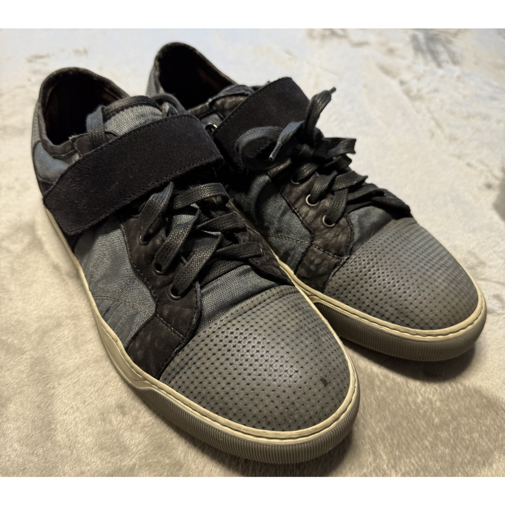 Lanvin Men’s Leather Luxury Blue Gray Sneakers Authentic Made in Italy Size 8